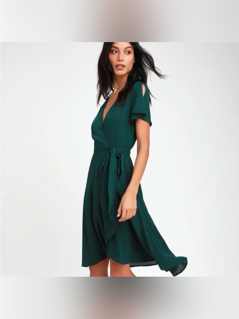 Lulu's Emerald Green Wrap Midi Dress with Tie Waist